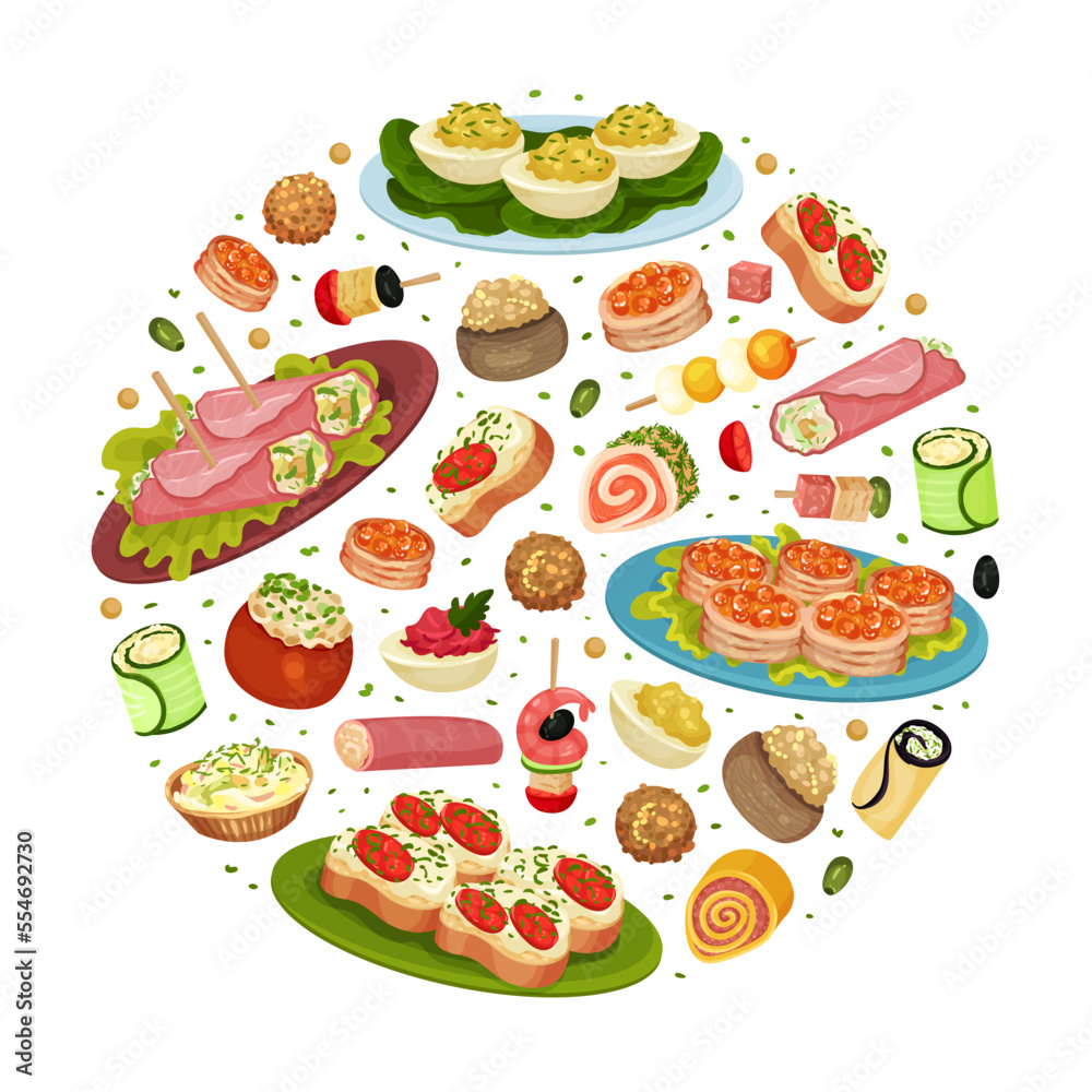 Finger Food Buffet Round Composition Design with Different Snacks and Appetizers Vector Template Finger Food Buffet Round Composition Design with Different Snacks and Appetizers Vector Template