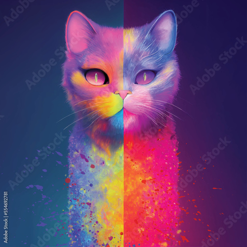 colorful cat head with creative abstract elements and paint splashes on colorful background