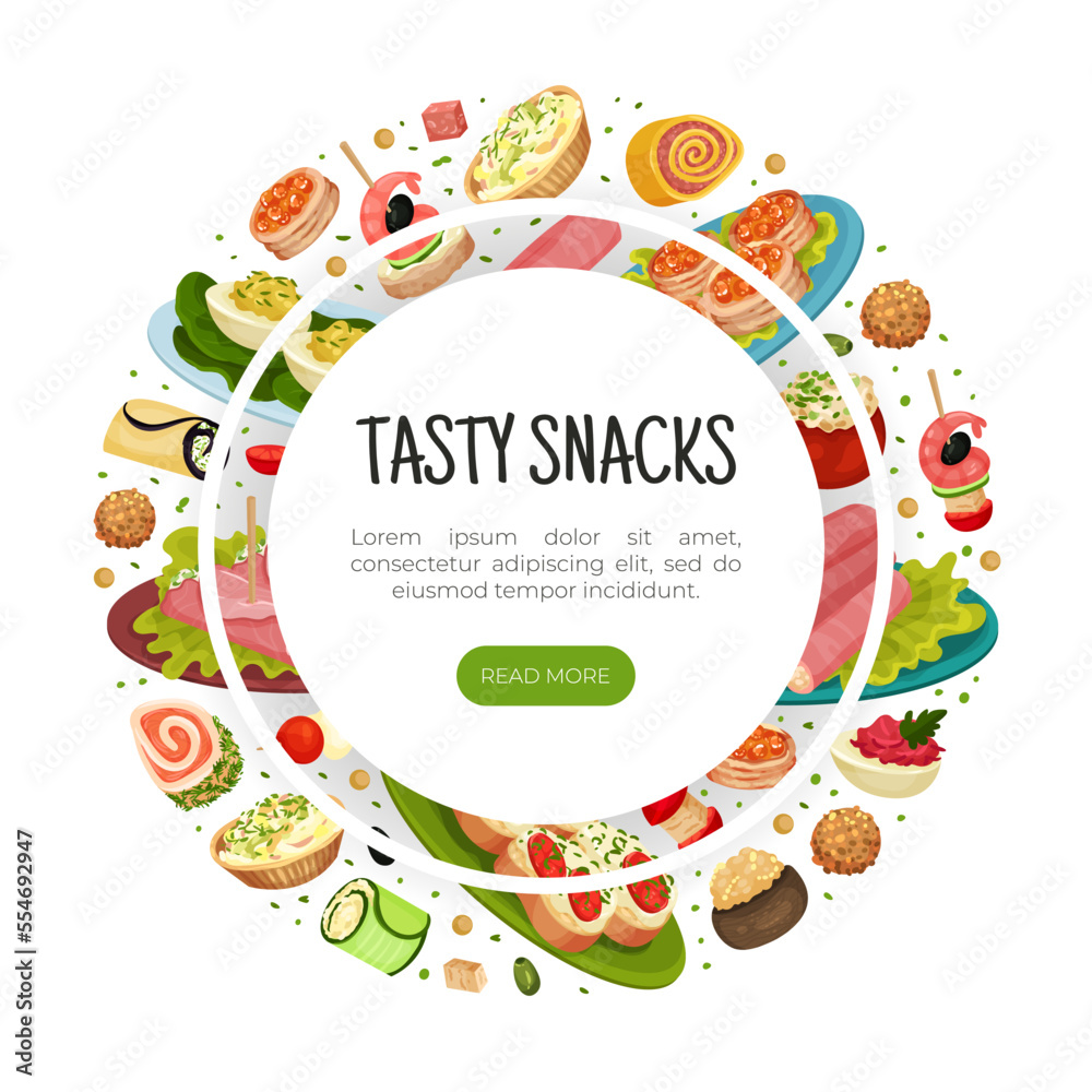 Finger Food Buffet Design with Different Snacks and Appetizers Vector Template Finger Food Buffet Design with Different Snacks and Appetizers Vector Template