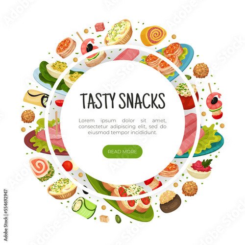 Finger Food Buffet Design with Different Snacks and Appetizers Vector Template