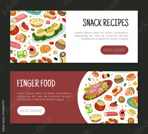 Finger Food Buffet Design with Different Snacks and Appetizers Vector Template