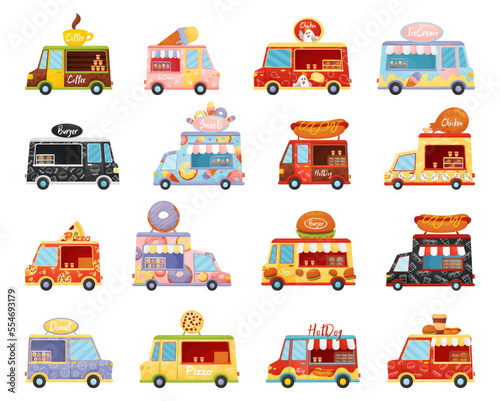 Food Truck Selling Street Meal and Snack Big Vector Set