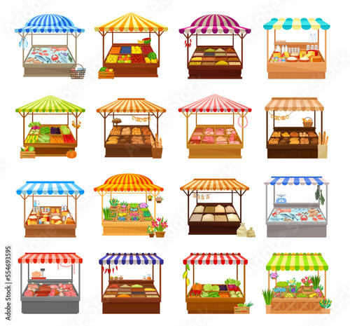 Street Market Stalls and Stands with Striped Awning Big Vector Set