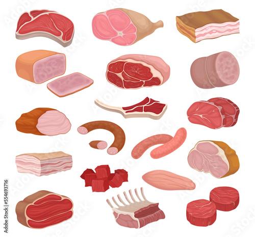 Meat Products with Beef Steak, Ham, Lard, Wurst and Sausages Big Vector Set