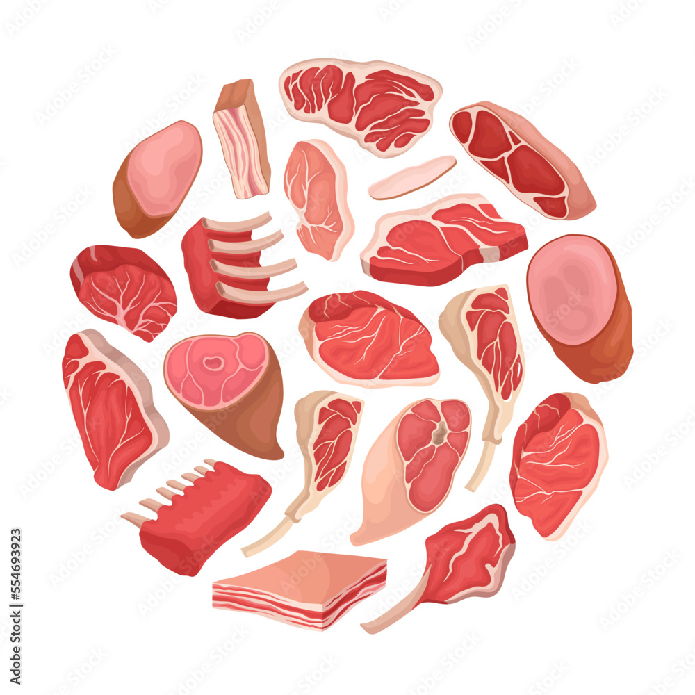 Meat Products Round Composition Design with Beef Steak, Ham and Lard Vector Template Meat Products Round Composition Design with Beef Steak, Ham and Lard Vector Template