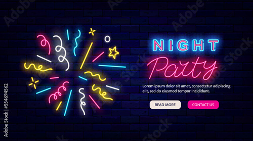 Night party neon flyer. Website landing page template. Glowing firework. Luminous flyer. Vector stock illustration