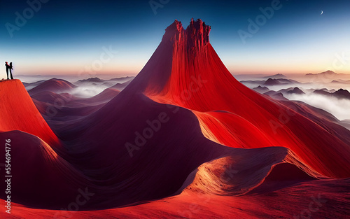 Montaña roja de apariencia marciana, paisaje extraterrestre de arena desértico - IA generativa (Generative AI) photo