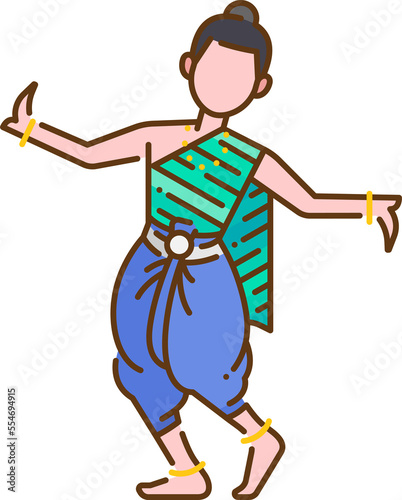 thai woman traditional dancing in vintage dress colored line design icon