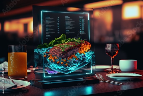illustration of futuristic restaurant with hologram or smart panel interface for customer to use
