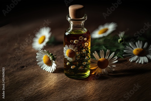 illustration of chamomile oil bottle on wooden desk 