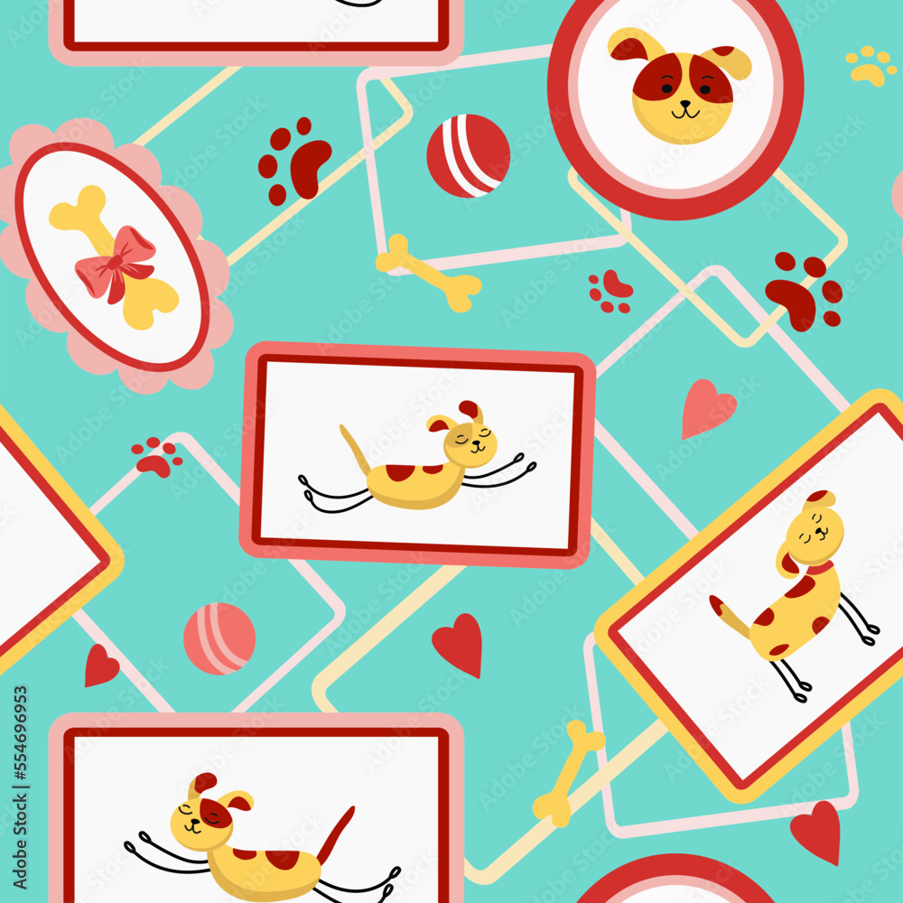 Seamless vector pattern with drawn dogs, frame, portrait. Drawings . Doodle illustration. Background for textiles, packaging. Seamless vector pattern with drawn dogs, frame, portrait. Drawings . Doodle illustration. Background for textiles, packaging.