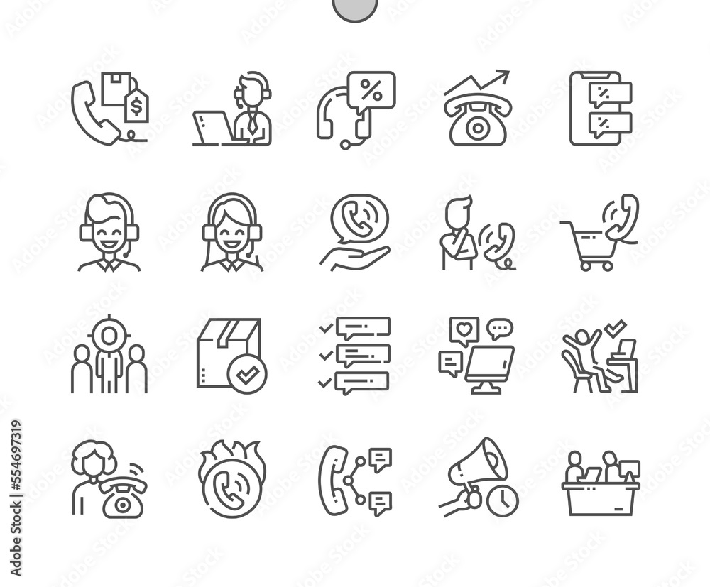 Telemarketing. Direct sales. Last chance and marketing. Target audience search. Support service. Pixel Perfect Vector Thin Line Icons. Simple Minimal Pictogram