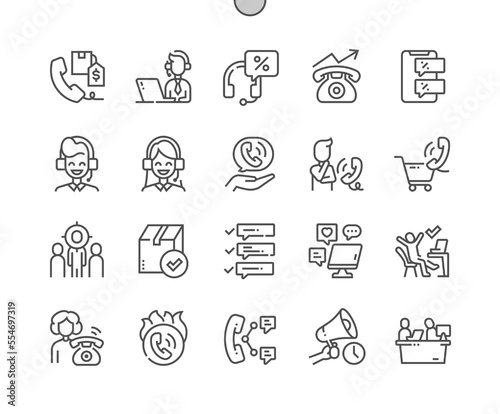 Telemarketing. Direct sales. Last chance and marketing. Target audience search. Support service. Pixel Perfect Vector Thin Line Icons. Simple Minimal Pictogram