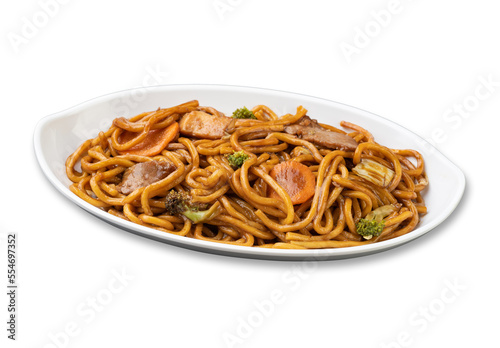 Yakisoba, traditional asian pasta with noodles, meat and vegetables isolated over white background