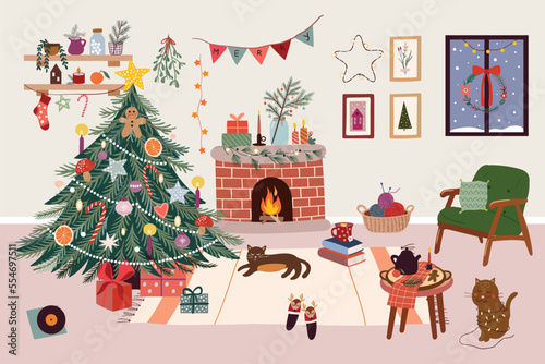 Christmas winter cozy interior with Christmas tree  fireplace  gifts  vector design 