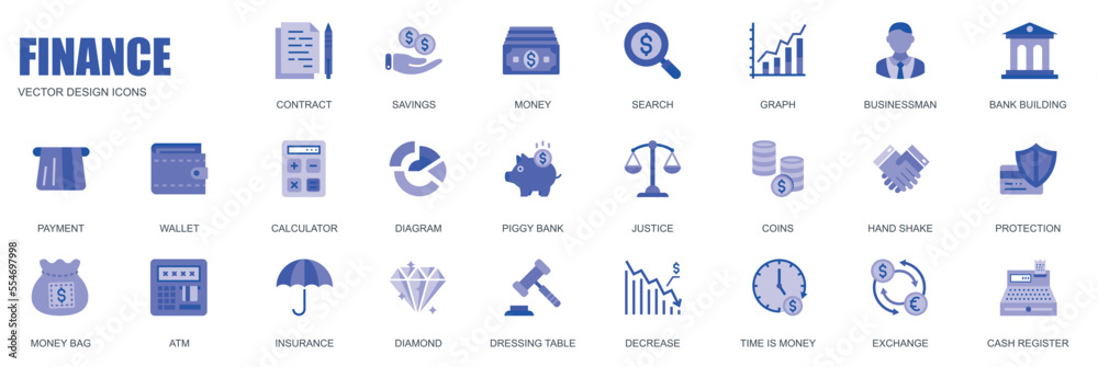 Finance concept of web icons set in simple flat design. Pack of contract, savings, money, search, graph, businessman, bank building, payment, wallet and other. Vector blue pictograms for mobile app Finance concept of web icons set in simple flat design. Pack of contract, savings, money, search, graph, businessman, bank building, payment, wallet and other. Vector blue pictograms for mobile app