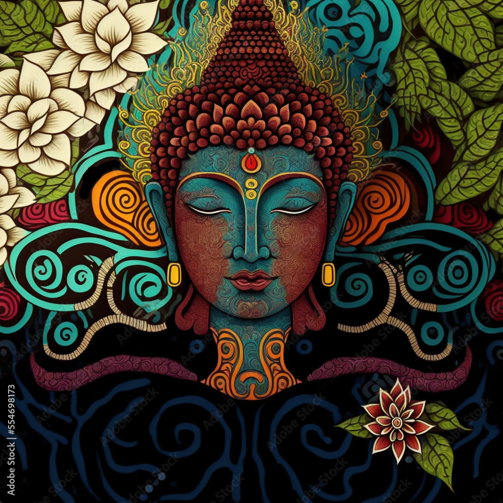 Fototapeta premium Buddha colourful artistic portrait, close up, created with Generative AI technology