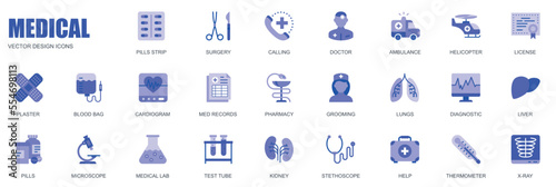 Medical concept of web icons set in simple flat design. Pack of pills, surgery, doctor, ambulance, helicopter, license, blood bag, cardiogram, pharmacy and other. Vector blue pictograms for mobile app