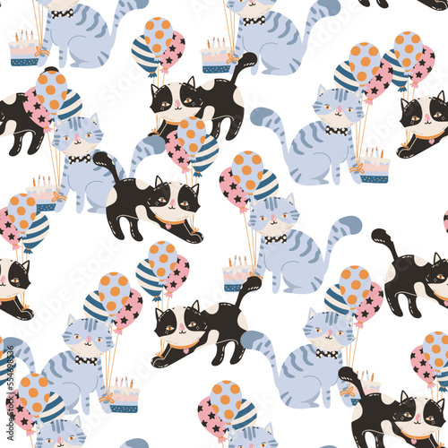 Cute Party Cat Birthday theme seamless pattern Vector illustration © MSNTY_STUDIOX