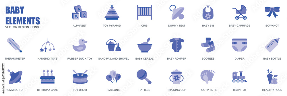 Baby elements concept of web icons set in simple flat design. Pack of alphabet, toy pyramid, crib, dummy teat, bib, carriage, bowknot, romper, bottle and other. Vector blue pictograms for mobile app