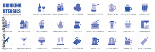 Drinking utensils concept of web icons set in simple flat design. Pack of wine bottle, milk, coffee beans, turkish pot, french press, frozen frappe and other. Vector blue pictograms for mobile app