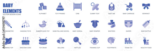 Baby elements concept of web icons set in simple flat design. Pack of alphabet, toy pyramid, crib, dummy teat, bib, carriage, bowknot, romper, bottle and other. Vector blue pictograms for mobile app