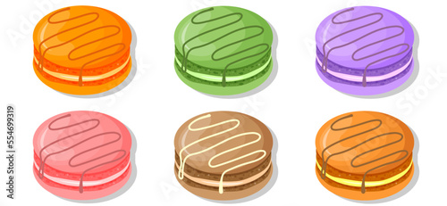 Set of colorful French macaroon cookies isolated on white. Sweet pastry baking, food design.