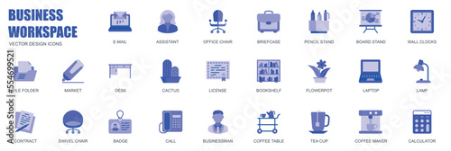 Business workspace concept of web icons set in simple flat design. Pack of e-mail, assistant, office chair, briefcase, pencil, clock, file folder, lamp and other. Vector blue pictograms for mobile app