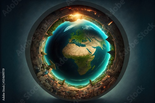 The shape of the earth. Sci-fi background with planet and abstract universe, earth map. Fantasy, Flat planet theory. Earth view from space. AI © MiaStendal