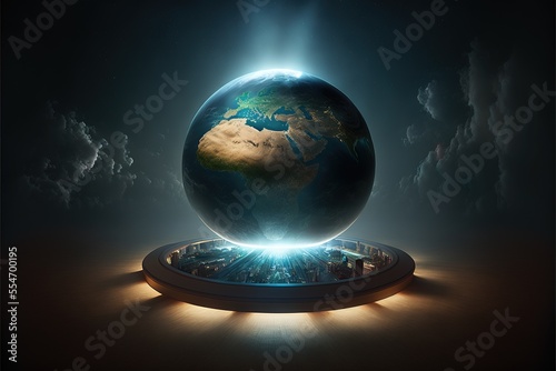 The shape of the earth. Sci-fi background with planet and abstract universe, earth map. Fantasy, Flat planet theory. Earth view from space. AI