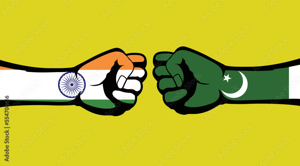 Flags of India and Pakistan illustration on two clenched fists facing each other on yellow background