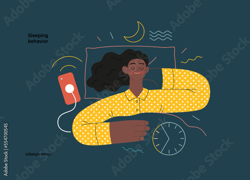 Lifestyle series - Sleeping behaviour - modern flat vector illustration of a woman sleeping in her bed, showing the benefits of good sleeping habit, eight hours normal sleep. People activities concept