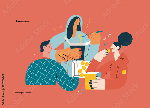 Lifestyle series - Takeaway - modern flat vector illustration of a group of friends eating takeaway food from boxes sitting at home. People activities concept