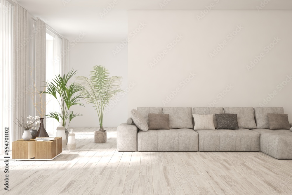Fototapeta premium White living room with sofa. Scandinavian interior design. 3D illustration