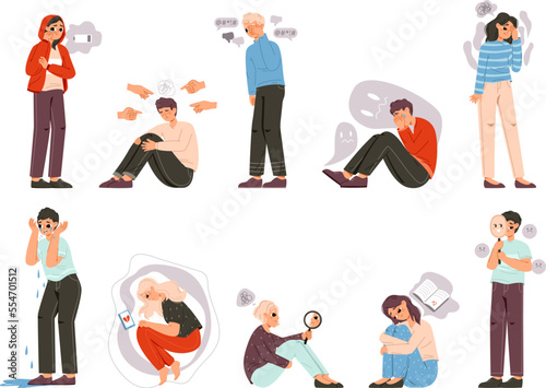 Young adult problems, abused teens. Busy teenager, alone sad people have mental disorders. Unhappy teenagers, teen stress snugly vector emotional set