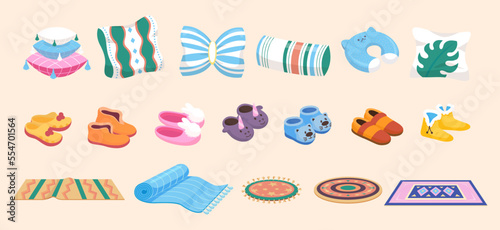Cozy home elements, slippers pillows and carpets. Fluffy carpet, orthopedic and decorative pillow. Cute children and adult slipper, vector set