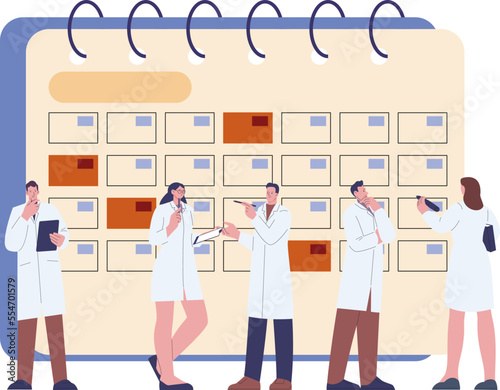 Doctors planning schedule on giant month planner. Medical team administrative work. Hospital or clinic monthly plan with cartoon flat vector professional characters