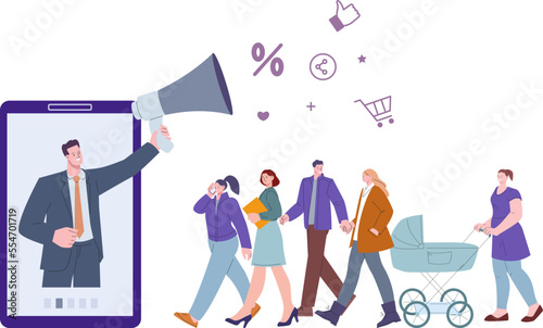 Social media marketing concept. Various people go to sales. Man on smartphone screen with megaphone. Digital advertising vector scene