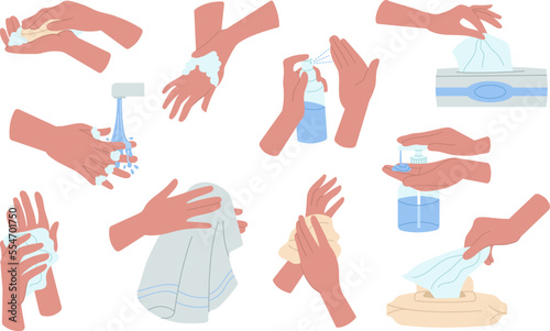 Hands hygiene, person washing hand in bathroom with soap and clean wet wipes. Cartoon self cleaning with tissue. Disinfect and care decent vector set