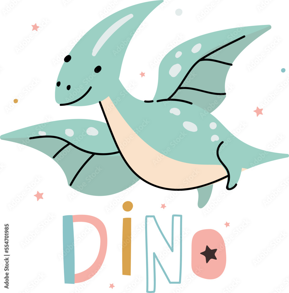 Naklejka premium Cute dinosaur t-shirt print design. Dino flying, cartoon prehistoric animal sticker. Boys cloth decor, vector template