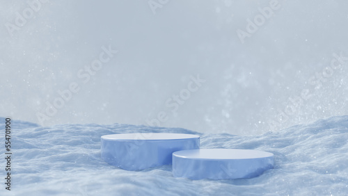 Christmas Winter Product podium on ice background of drifts, snowflakes and snow. 3D Rendering