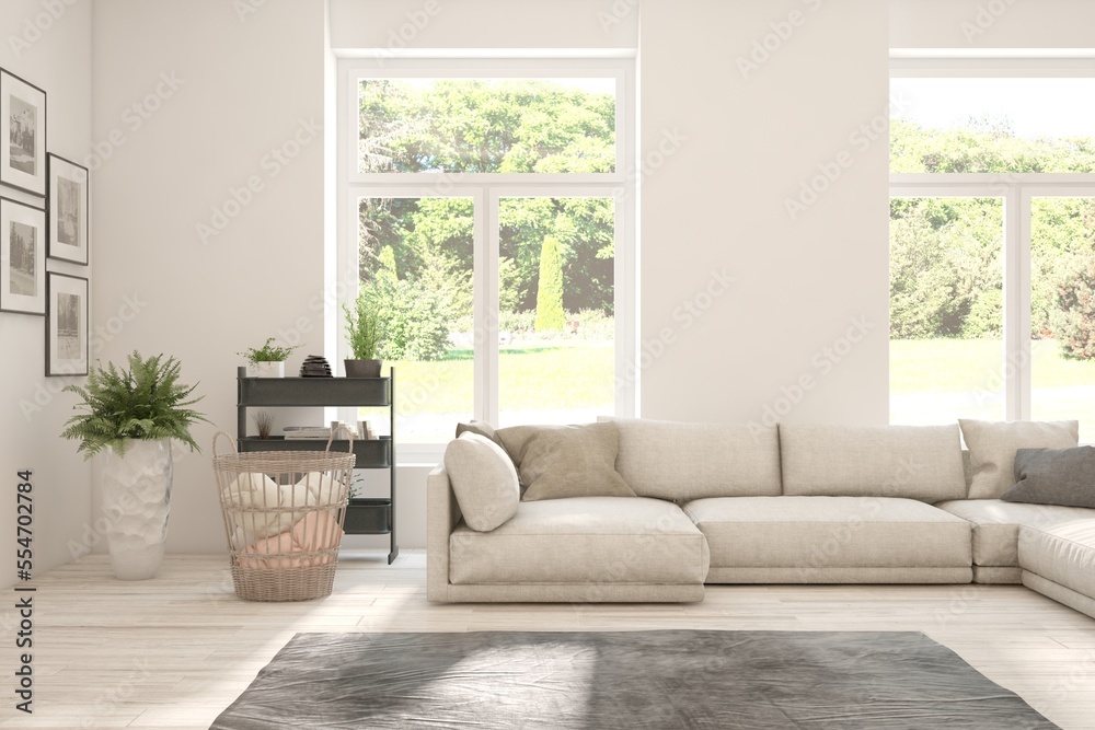 White living room with sofa and summer landscape in window. Scandinavian interior design. 3D illustration