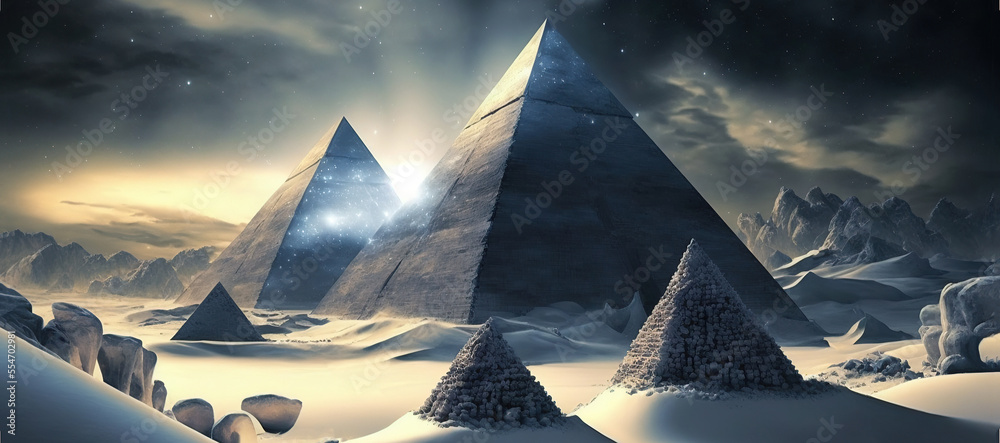 Glacial period in ancient Egypt. Fantasy winter landscape, Giza pyramids in snow, apocalypse. AI