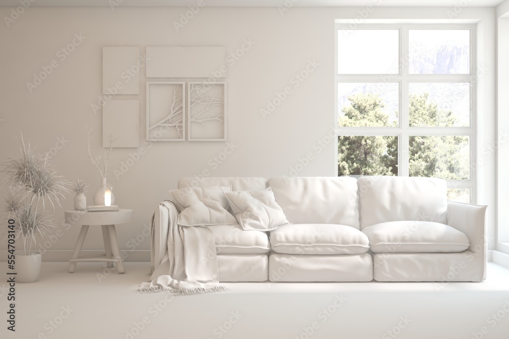 White minimalist living room with sofa. Scandinavian interior design. 3D illustration White minimalist living room with sofa. Scandinavian interior design. 3D illustration