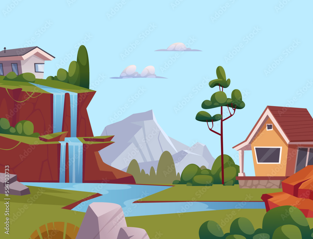 Landscape outdoor background with flowing waterfalls on mountains horizon. Vector cartoon houses and trees