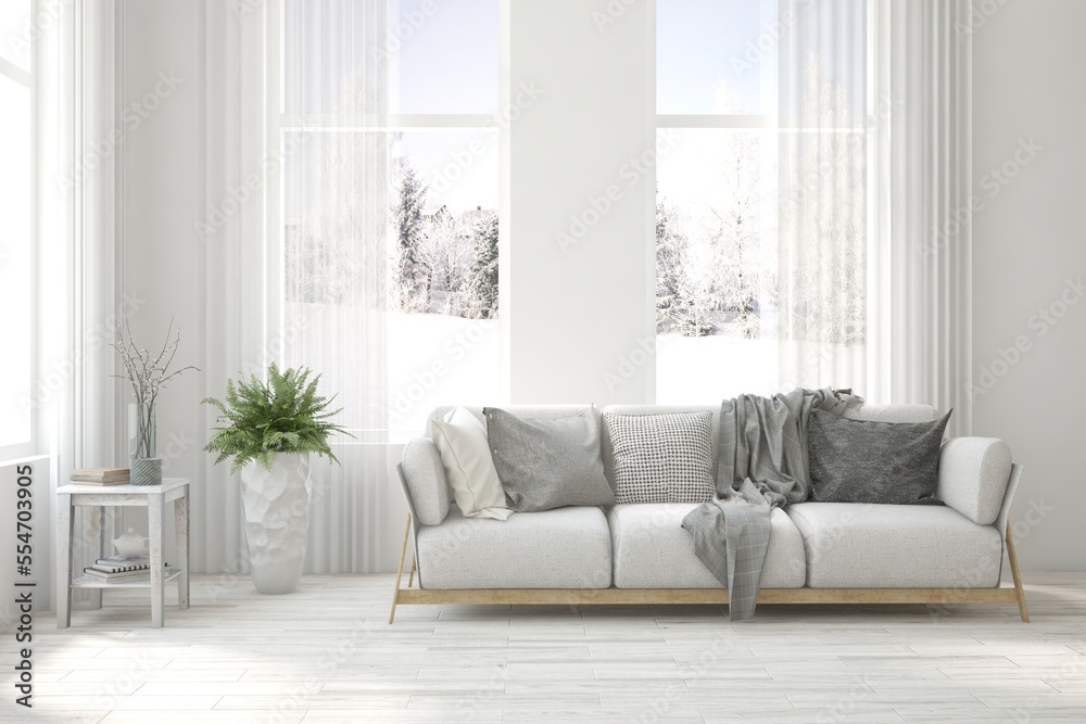 White living room with sofa and winter landscape in window. Scandinavian interior design. 3D illustration White living room with sofa and winter landscape in window. Scandinavian interior design. 3D illustration