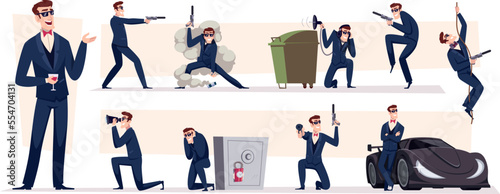 Spy agent. Secret detective working moving in action poses exact vector cartoon illustrations