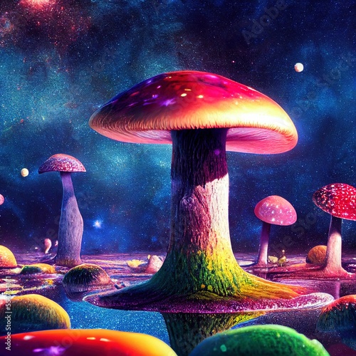 Glowing mushroom with fireflies in the magic forest ,made with Generative AI