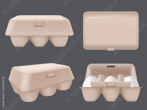 Eggs packages. Cardboard containers for eggs tray for food plastic boxes decent vector template set