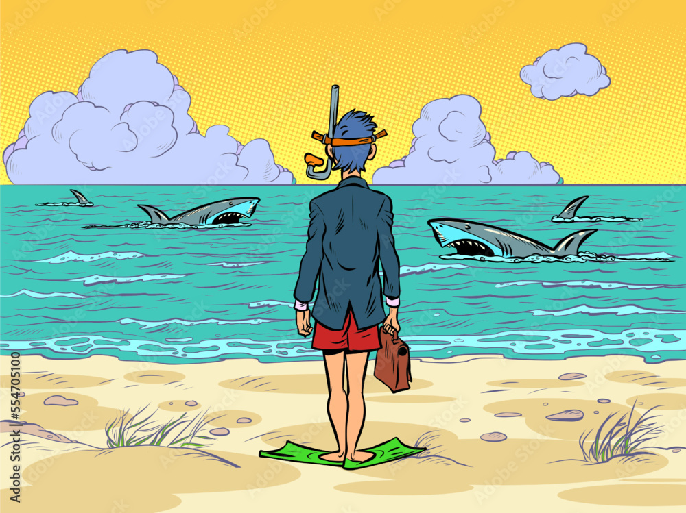 sharks in the water, a businessman in a scuba mask is preparing to dive, standing on the seashore of the ocean